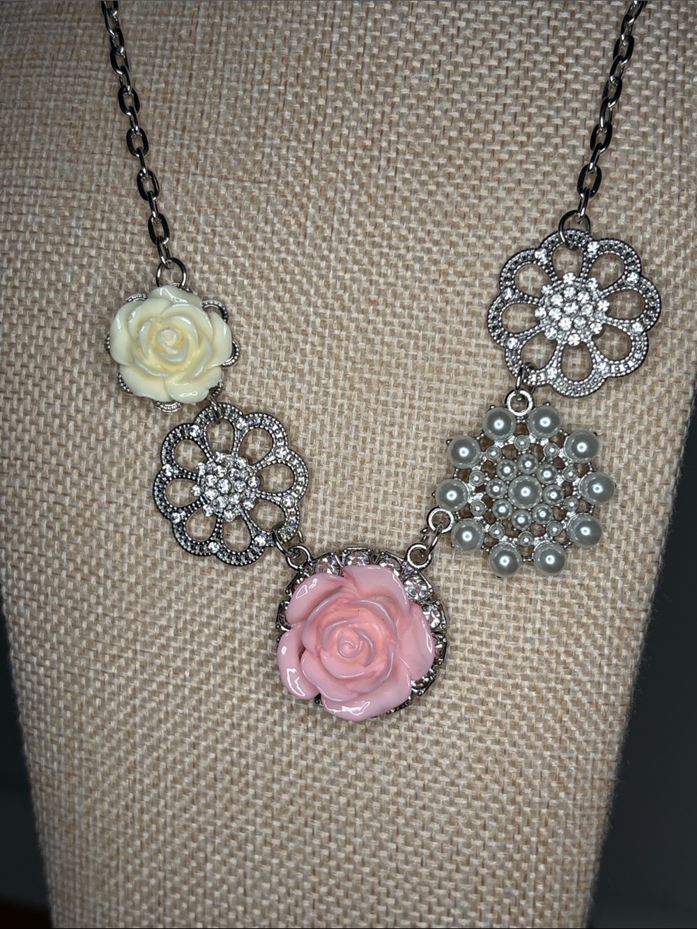 paparazzi Pink & Cream Rose Cluster Statement Necklace and earrings